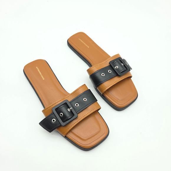 Anthropologie Buckle Slide Sandals Size 37 7 Slip On Brown Black Open Toe Anthro - Picture 2 of 7
